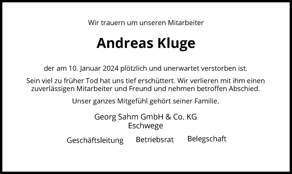  Traueranzeige für Andreas Kluge vom 26.01.2024 aus WRS