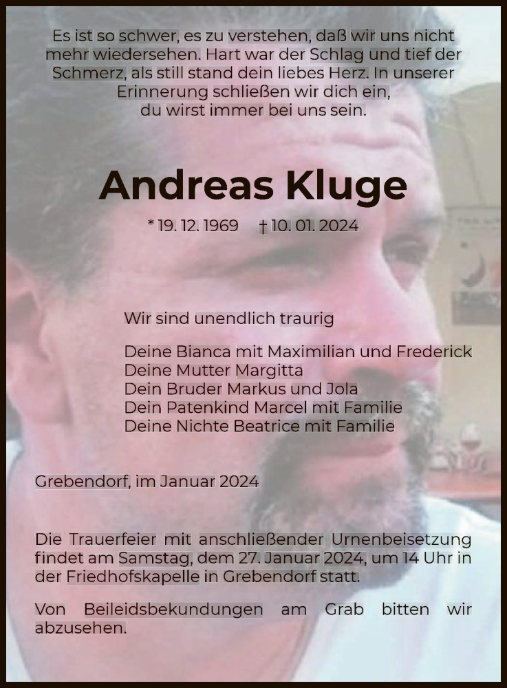  Traueranzeige für Andreas Kluge vom 24.01.2024 aus WRS
