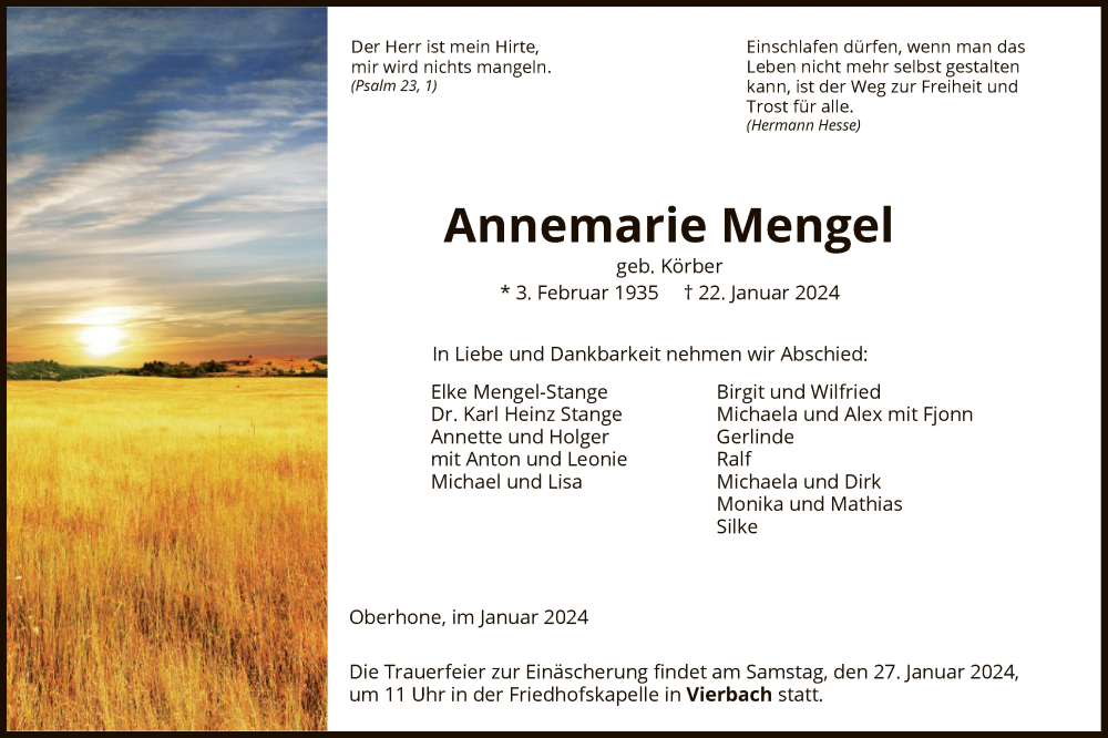  Traueranzeige für Annemarie Mengel vom 25.01.2024 aus WRS
