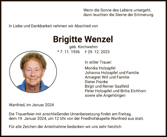 Traueranzeige von Brigitte Wenzel von WRS