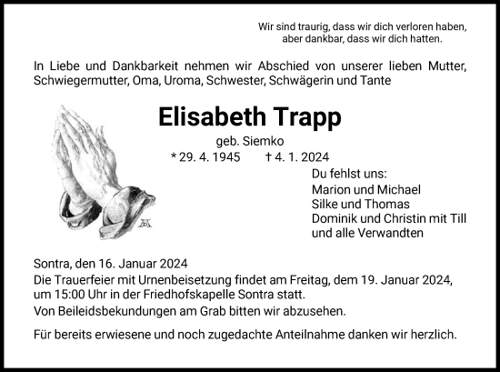 Traueranzeige von Elisabeth Trapp von WRS