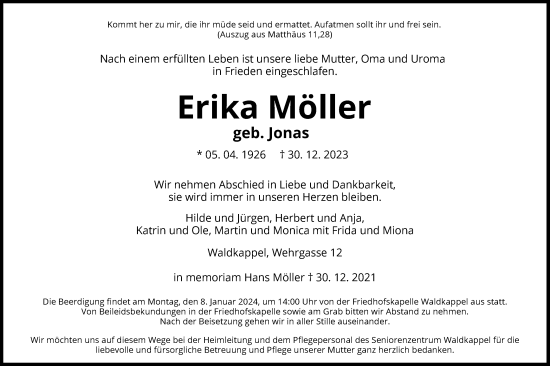 Traueranzeige von Erika Möller von WRS