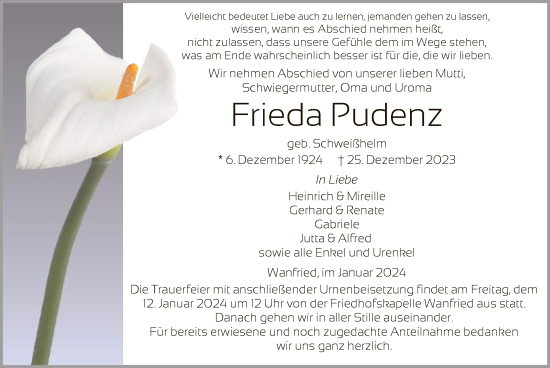 Traueranzeige von Frieda Pudenz von WRS