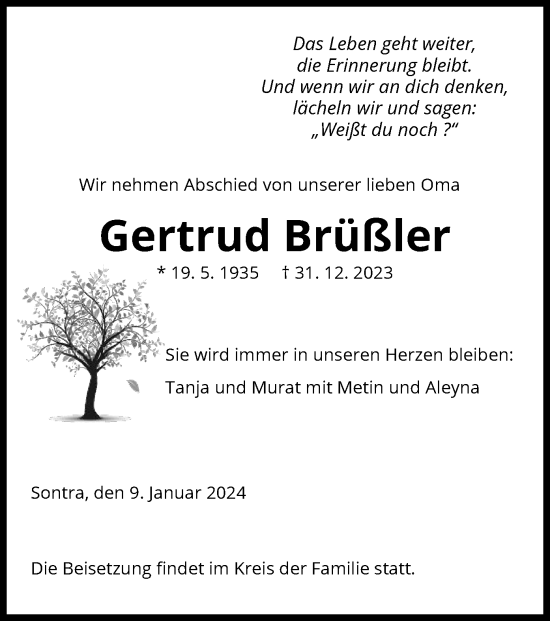 Traueranzeige von Gertrud Brüßler von WRS