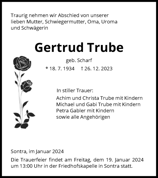 Traueranzeige von Gertrud Trube von WRS