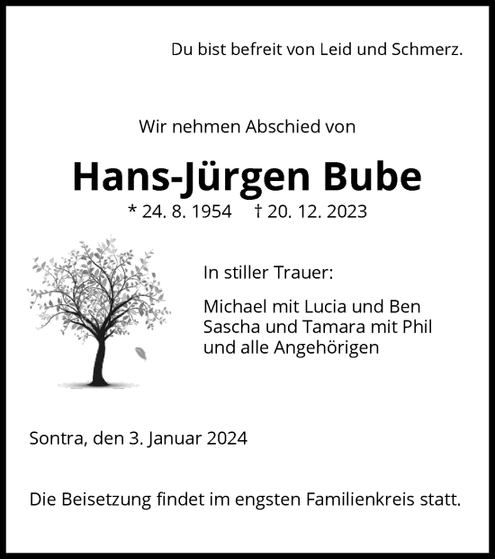 Traueranzeige von Hans-Jürgen Bube von WRS