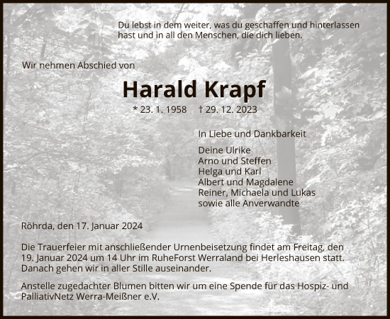 Traueranzeige von Harald Krapf von WRS