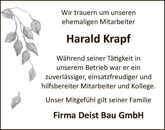 Traueranzeige von Harald Krapf von WRS