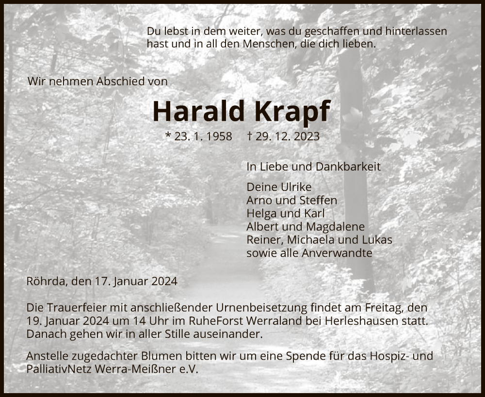  Traueranzeige für Harald Krapf vom 17.01.2024 aus WRS