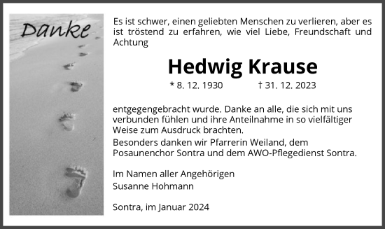 Traueranzeige von Hedwig Krause von WRS