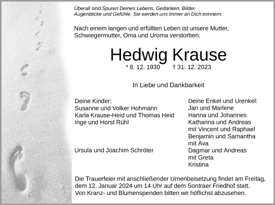 Traueranzeige von Hedwig Krause von WRS