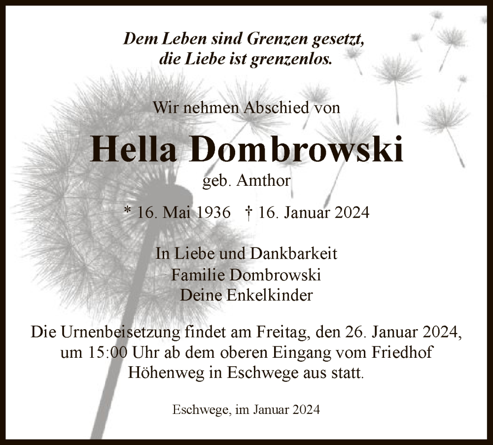  Traueranzeige für Hella Dombrowski vom 24.01.2024 aus WRS