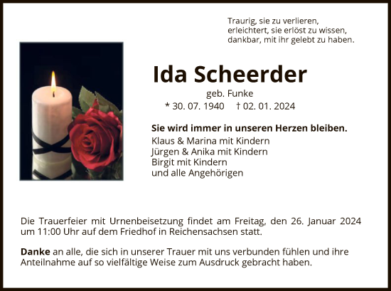 Traueranzeige von Ida Scheerder von WRS