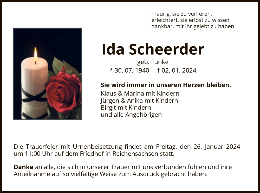  Traueranzeige für Ida Scheerder vom 19.01.2024 aus WRS