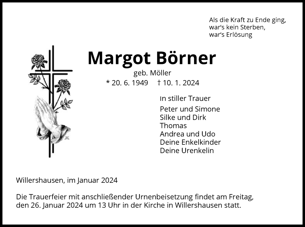  Traueranzeige für Margot Börner vom 19.01.2024 aus WRS