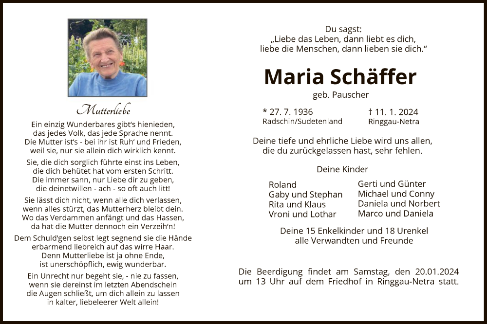  Traueranzeige für Maria Schäffer vom 17.01.2024 aus WRS