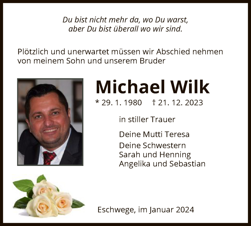  Traueranzeige für Michael Wilk vom 10.01.2024 aus WRS