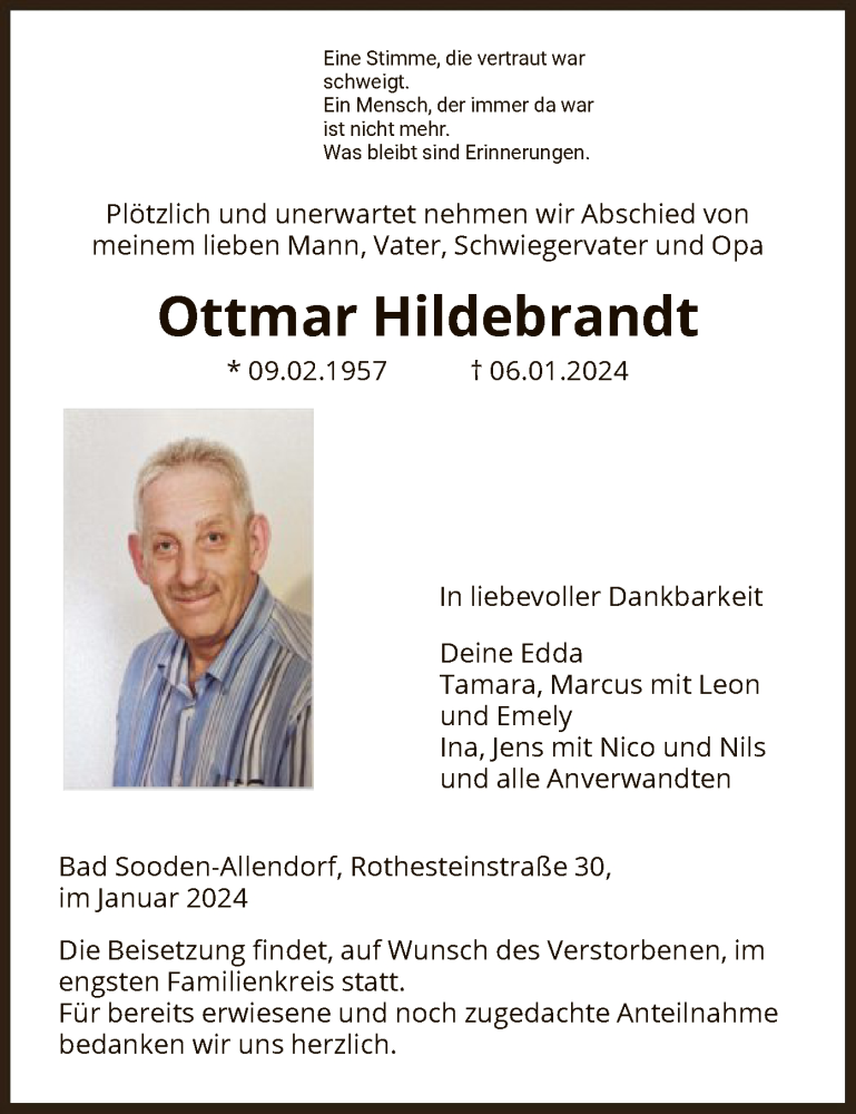  Traueranzeige für Ottmar Hildebrandt vom 20.01.2024 aus HNAWRS