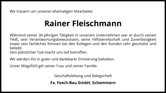 Traueranzeige von Rainer Fleischmann von WRS