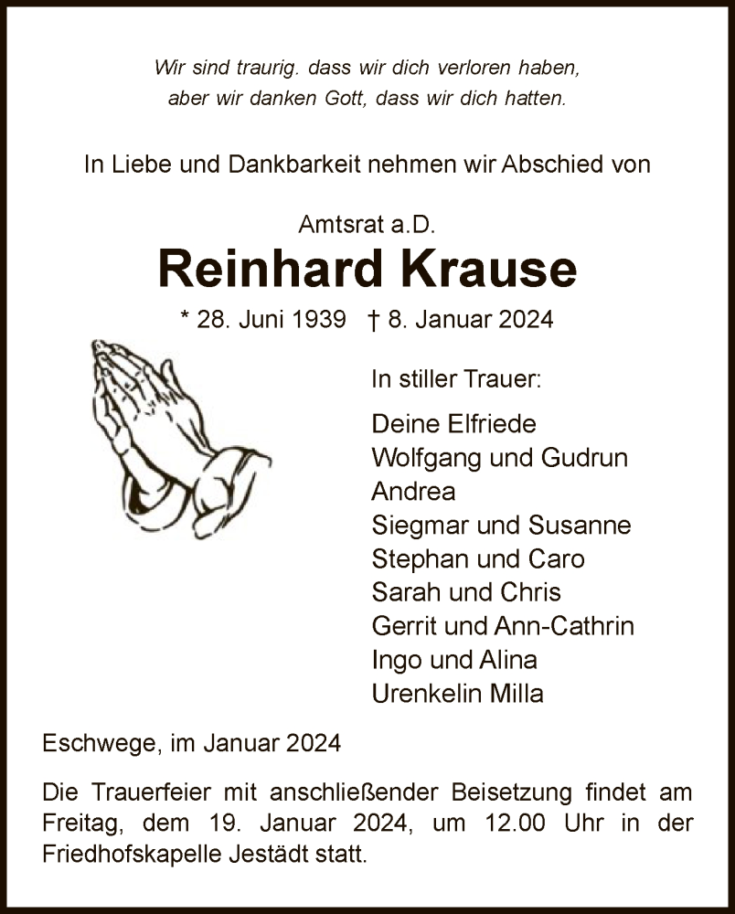  Traueranzeige für Reinhard Krause vom 13.01.2024 aus WRS