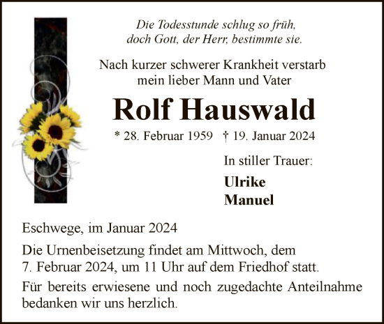 Traueranzeige von Rolf Hauswald von WRS