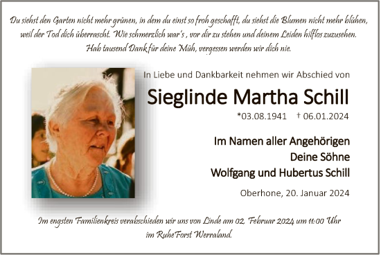 Traueranzeige von Sieglinde Martha Schill von WRS