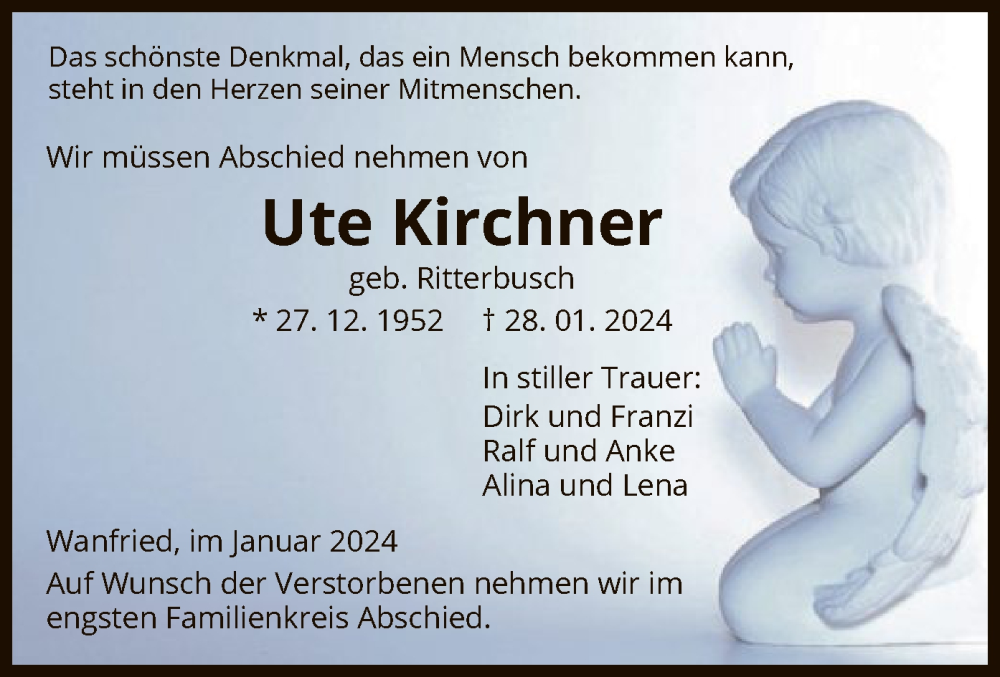  Traueranzeige für Ute Kirchner vom 31.01.2024 aus WRS