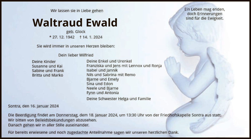  Traueranzeige für Waltraud Ewald vom 16.01.2024 aus WRS