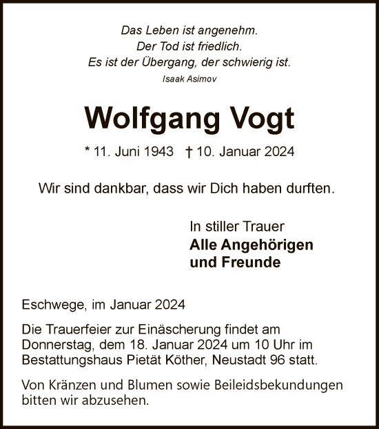 Traueranzeige von Wolfgang Vogt von WRS