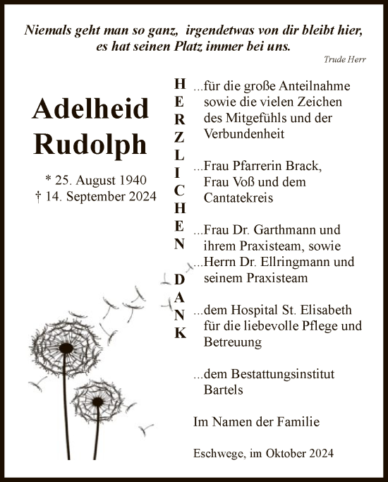 Traueranzeige von Adelheid Rudolph von WRS