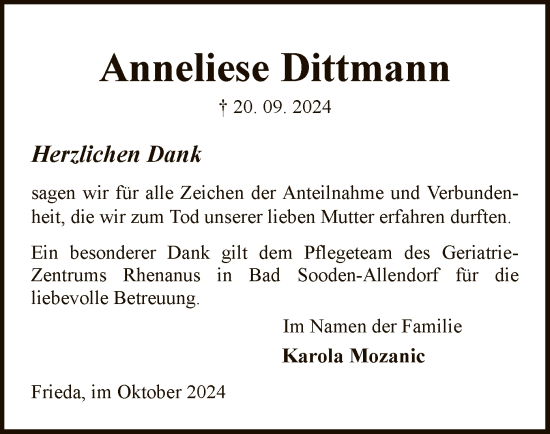 Traueranzeige von Anneliese Dittmann von WRS