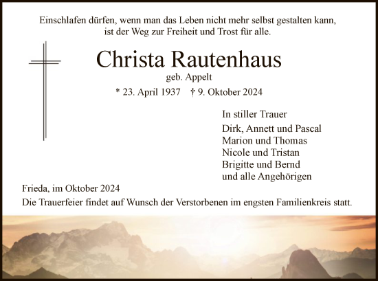 Traueranzeige von Christa Rautenhaus von WRS