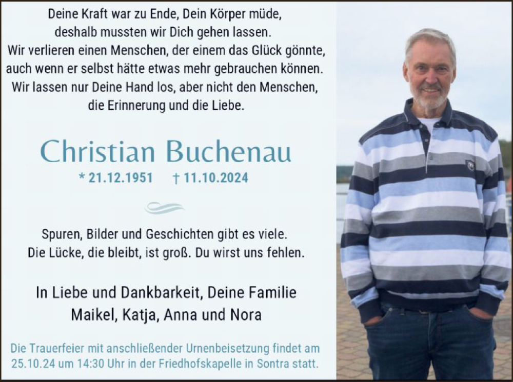  Traueranzeige für Christian Buchenau vom 19.10.2024 aus HNAWRSWRSHNA