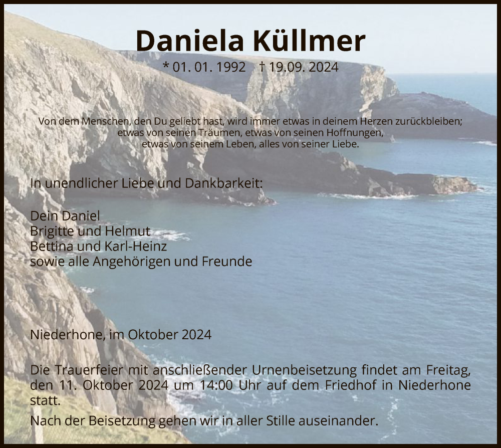  Traueranzeige für Daniela Küllmer vom 08.10.2024 aus WRS