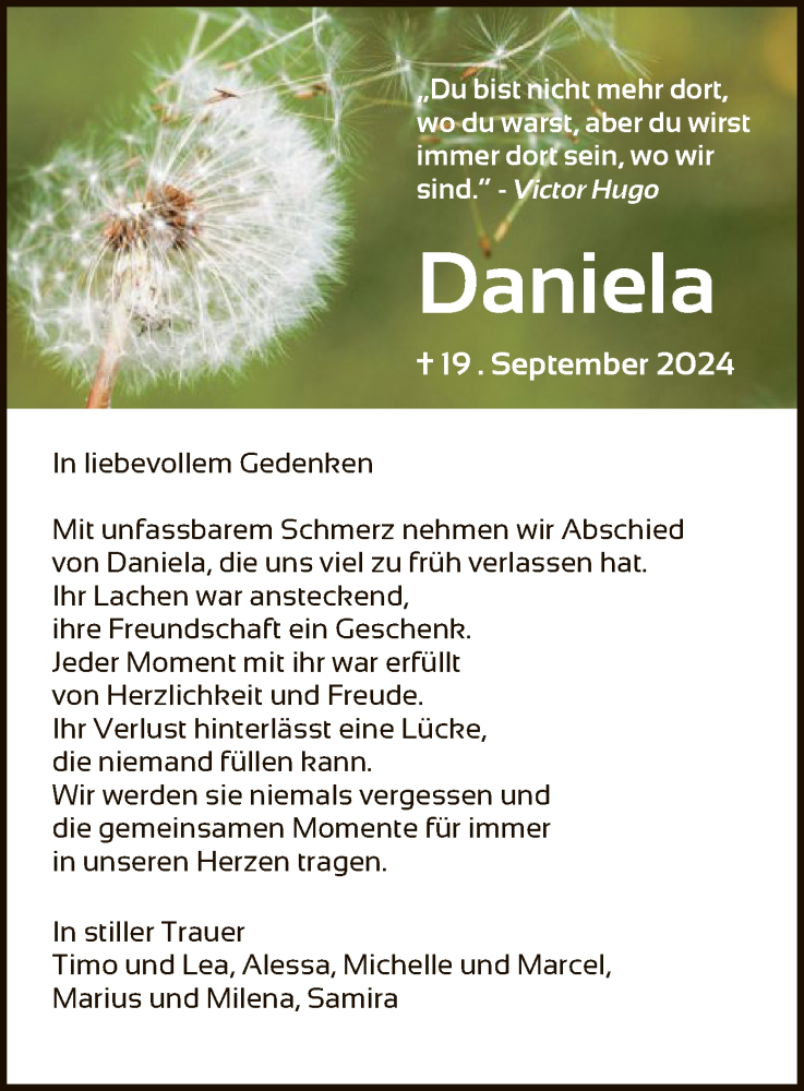  Traueranzeige für Daniela Küllmer vom 08.10.2024 aus WRS