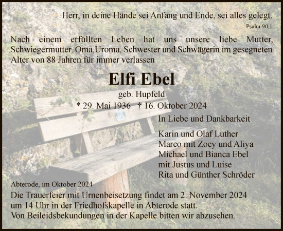 Traueranzeige von Elfi Ebel von WRS