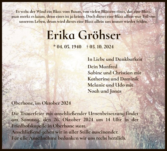 Traueranzeige von Erika Gröhser von WRS