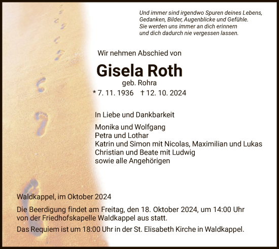 Traueranzeige von Gisela Roth von WRS