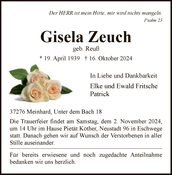 Traueranzeige von Gisela Zeuch von WRS