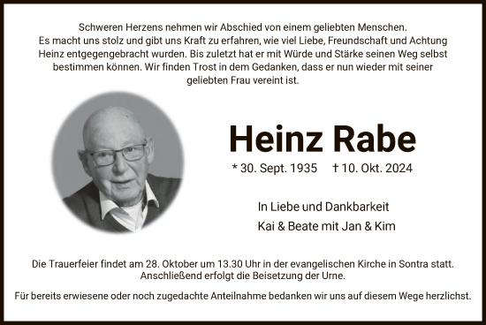 Traueranzeige von Heinz Rabe von WRS