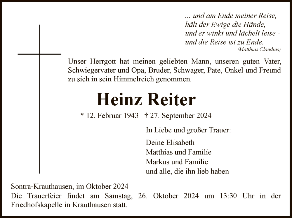  Traueranzeige für Heinz Reiter vom 23.10.2024 aus WRSHNA