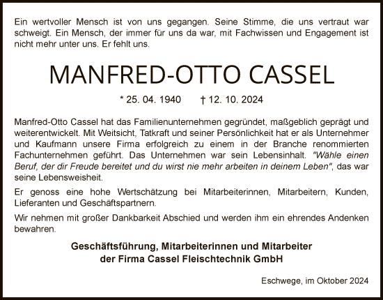 Traueranzeige von Manfred-Otto Cassel von WRS