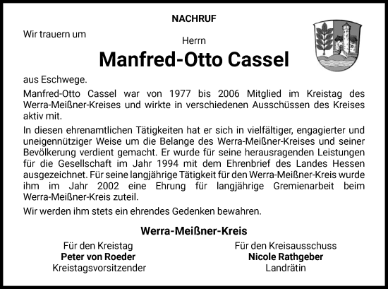 Traueranzeige von Manfred-Otto Cassel von WRSHNA