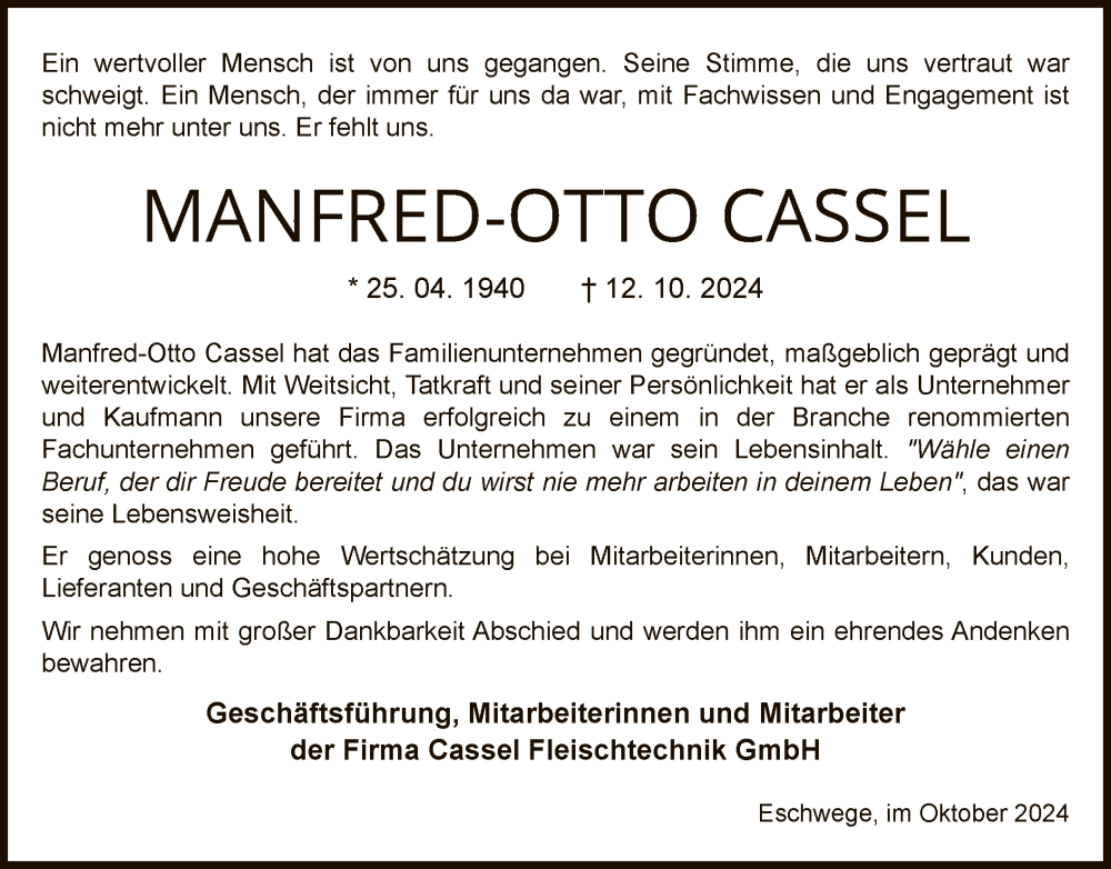  Traueranzeige für Manfred-Otto Cassel vom 17.10.2024 aus WRS