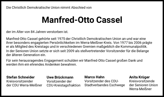 Traueranzeige von Manfred-Otto Cassel von WRS