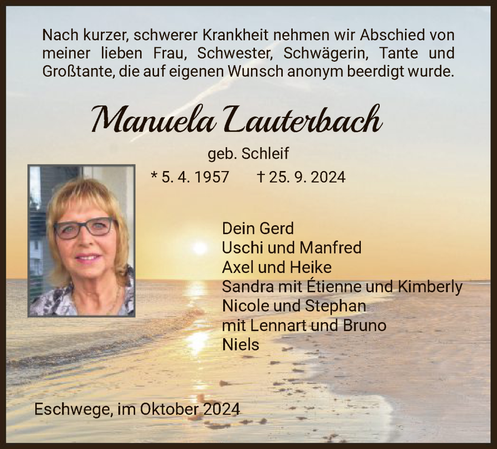  Traueranzeige für Manuela Lauterbach vom 05.10.2024 aus WRS