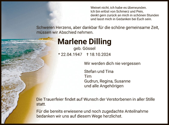 Traueranzeige von Marlene Dilling von WRS