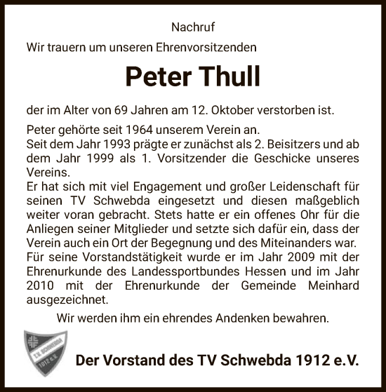 Traueranzeige von Peter Thull von WRS