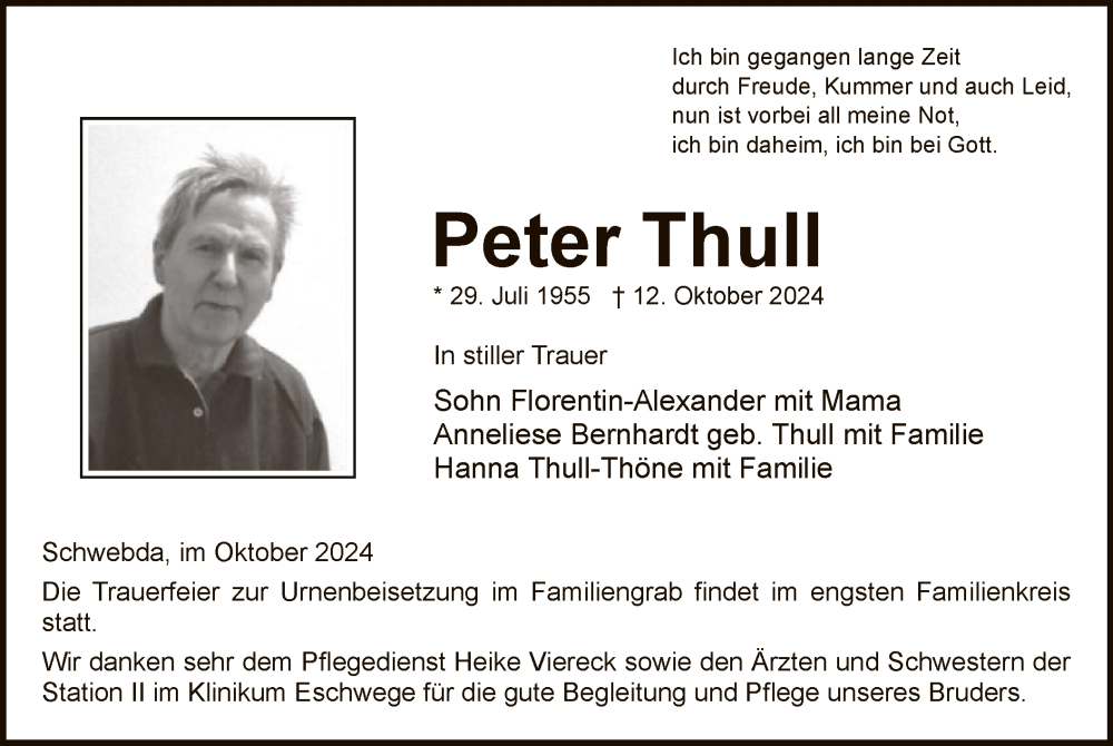  Traueranzeige für Peter Thull vom 19.10.2024 aus WRSWRS