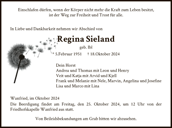 Traueranzeige von Regina Sieland von WRS